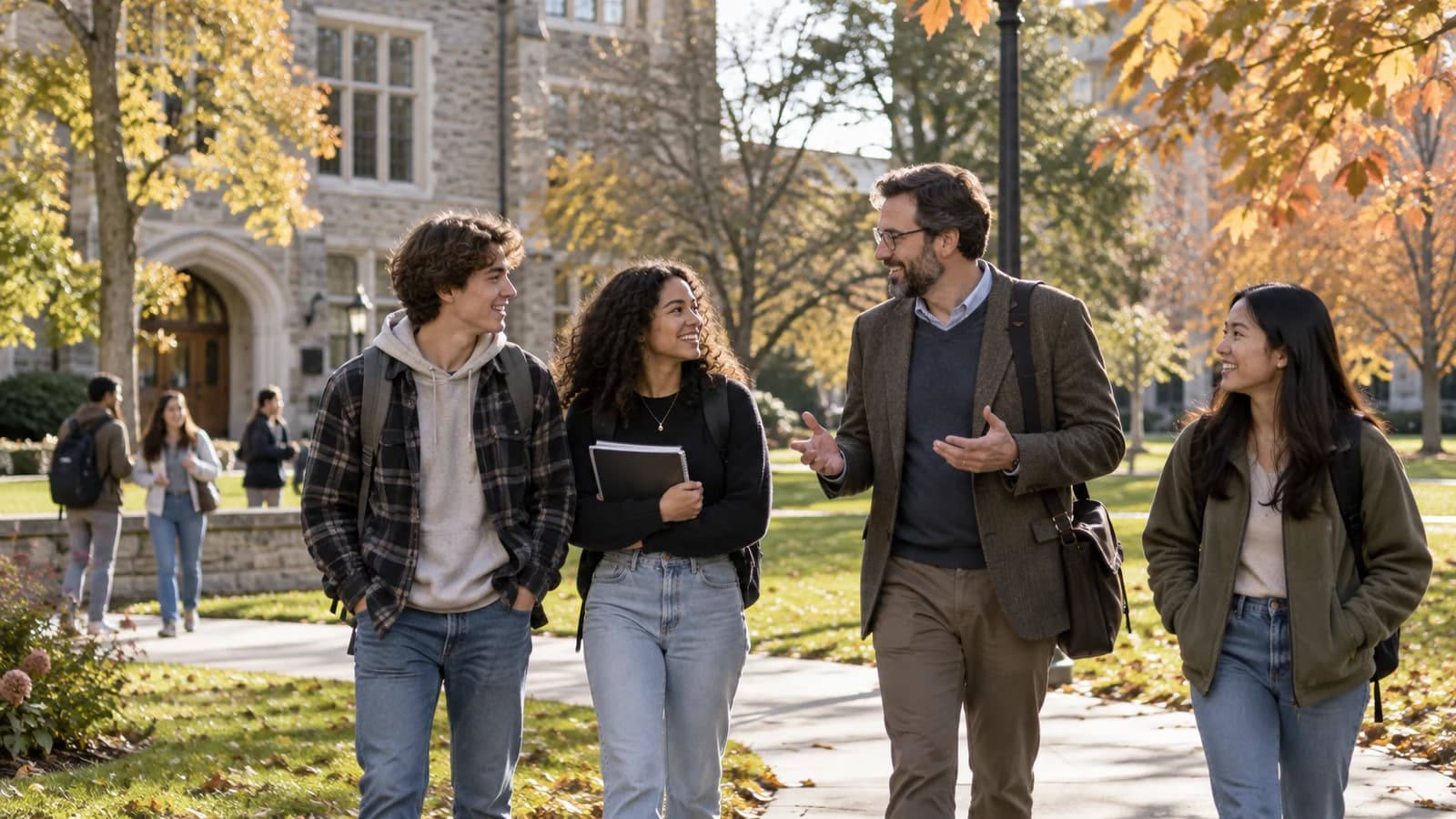 A professor walks across a college campus while talking with three undergraduate students.